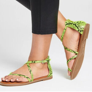 NWT mix no. 6 yellow snakeskin strappy flat neon sandal size 7.5